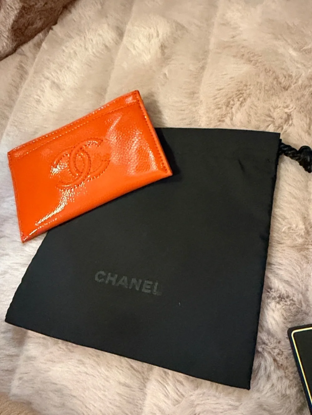 Pristine CHANEL Orange Patent Leather Card Case with Embossed CC and COA